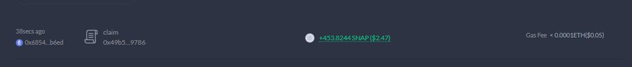 A cryptocurrency token claim transaction is shown on what appears to be a blockchain explorer, displaying a wallet address starting with "0x6854...b6ed" claiming "+458.8244 SNAP ($2.47)" 30 seconds ago from contract "0x49b5...9786" with a gas fee of under 0.00001 ETH ($0.05). This visual confirms the Hypersnap SNAP token claim process referenced in the guide, showing a successful $2.47 SNAP token claim transaction.