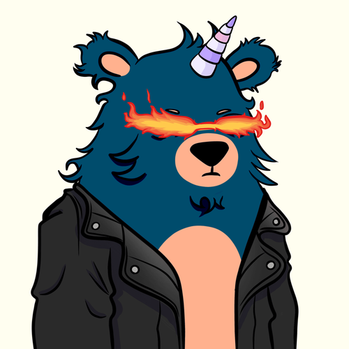A cartoon illustration of a dark blue bear with a unicorn horn and flaming fire for eyes, wearing a black leather jacket against a white background.