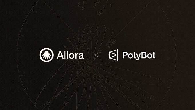 The image features an interface with a circular backdrop where both Allora and TradePolyBot's logos are prominently displayed. A clock is also visible, indicating time. The background of the image contains white text that explains how Allora inferred from its signals and how they relate to the Polymarket market. This inferential layer helps TradePolyBot execute trading strategies based on those inferences. It also mentions how these inferred actions lead to a predefined outcome: executing trades for Polymerbot clients. The overall design is simple, with clear text and graphics that convey the primary messages effectively.