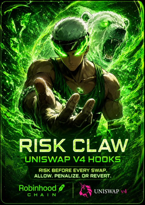 A muscular anime warrior with glowing green visor and a roaring green bear looms behind him, with bold text reading "RISK CLAW - UNISWAP V4 HOOKS - RISK BEFORE EVERY SWAP. ALLOW. PENALIZE. OR REVERT." alongside Robinhood Chain and Uniswap v4 logos, visually branding the creator's early Uniswap v4 hook project that predates Robinhood Chain's mainnet launch by two months.