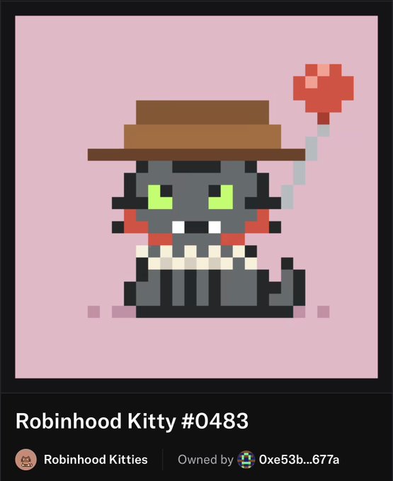 A digital collectible card displays Robinhood Kitty #0483, a pixel-art gray cat with bright green eyes, a brown wide-brimmed hat, and a red heart floating nearby on a pink background, owned by wallet 0xe53b...677a. The image corresponds to the noted sale of Rank #10 for .3667 ETH, likely representing the transaction value for this high-ranking NFT in the Robinhood Kitties collection.