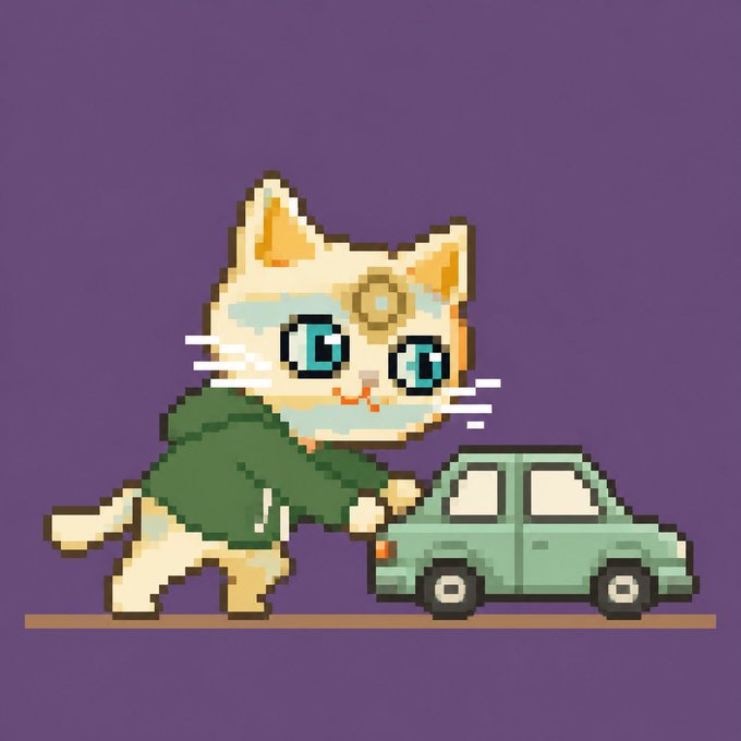A pixel art illustration of a cute tan cat with large blue eyes and a green hoodie pushing a small mint-green toy car against a purple background.