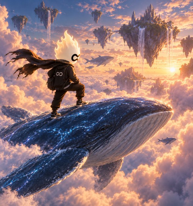 A fantastical digital artwork of a flame-headed character in a hoodie standing atop a giant blue whale flying through pink clouds, with floating islands and castles in the background during sunset.