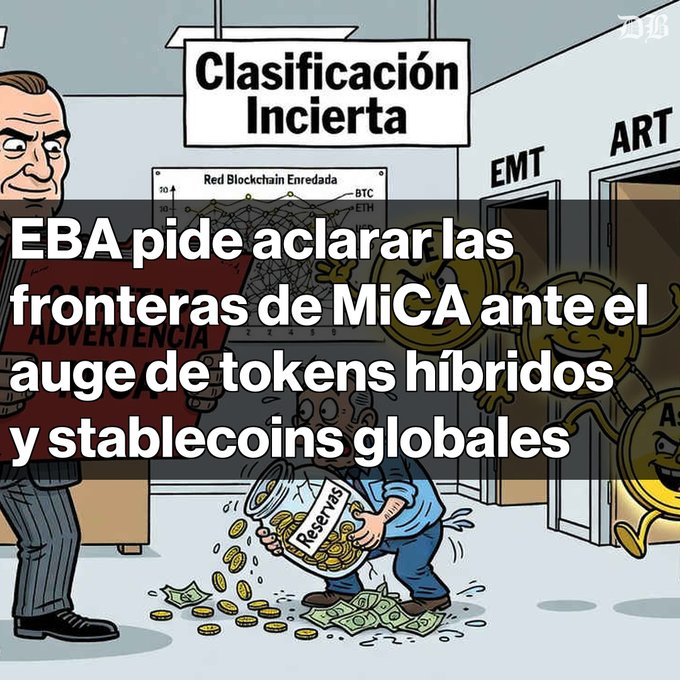An illustration with Spanish text 'EBA pide aclarar las fronteras de MiCA ante el auge de tokens híbridos y stablecoins globales', featuring signs for 'Clasificación Incierta', 'EMT', and 'ART'.