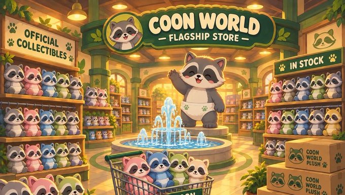 A cheerful "Coon World Flagship Store" displays rows of colorful raccoon plushies under a banner reading "Official Collectibles" and "In Stock," with a giant waving raccoon mascot beside a fountain. The whimsical shop scene, complete with "Coon World Plush" shipping boxes and a shopping cart of raccoons, playfully illustrates the upcoming $COON memecoin launch on Robinhood Chain and its partnership with $AMZN.