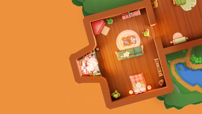 A 3D top-down view of a cozy, stylized home interior shows a living room with a green sofa, a bear rug, and a bedroom, set against a bright orange background.