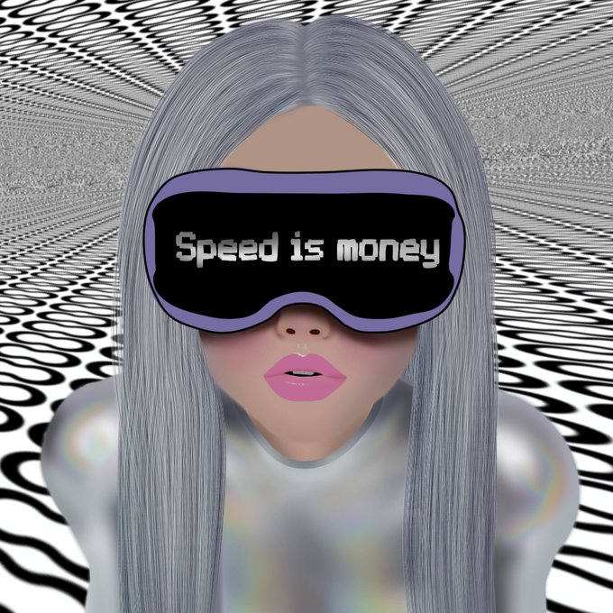 A digital illustration features a pale, silver-haired figure wearing a futuristic purple sleep mask displaying the text 'Speed is money,' set against a wavy, op-art black and white background.