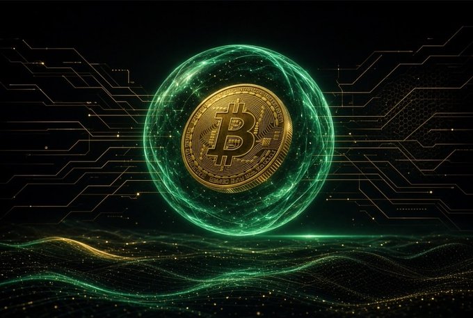 A glowing green digital Bitcoin coin floats within a luminous green energy sphere against a dark background with circuit board patterns and a wavy, particle-filled landscape below.