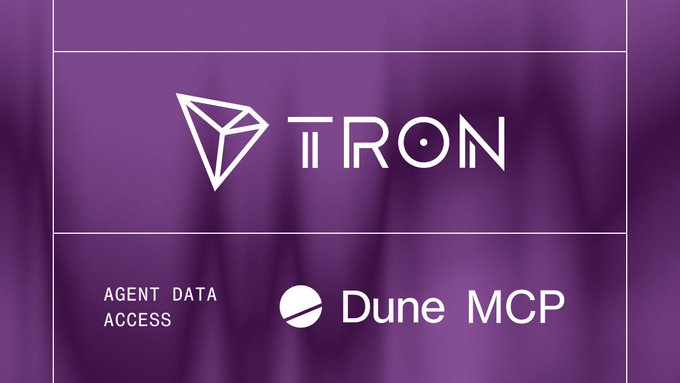 The image features a purple background with white text that reads "TRON Agent Data Access Dune MCP". The text is arranged in two columns, with the left column containing the word "TRON" followed by the right column displaying "Agent Data Access Dune MCP".