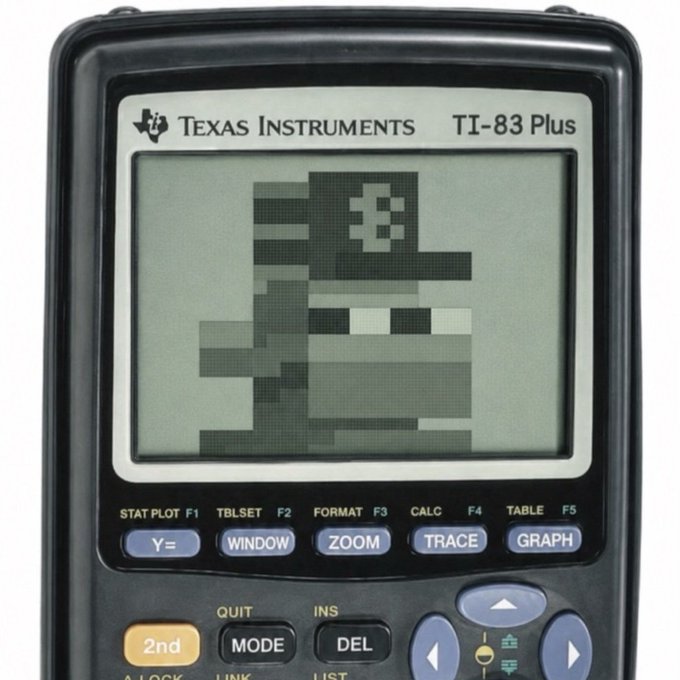 A Texas Instruments TI-83 Plus graphing calculator displays a pixel-art rendering of the "Among Us" crewmate character on its screen. The image ties into "the coldest storage" joke by humorously suggesting the calculator's tiny monochrome display and limited memory make it an absurd, low-capacity "storage" device for storing game characters.