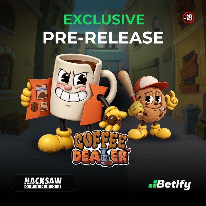Promotional graphic for an exclusive pre-release slot game called 'Coffee Dealer' by Hacksaw Gaming, featuring an anthropomorphic coffee cup and cookie character.