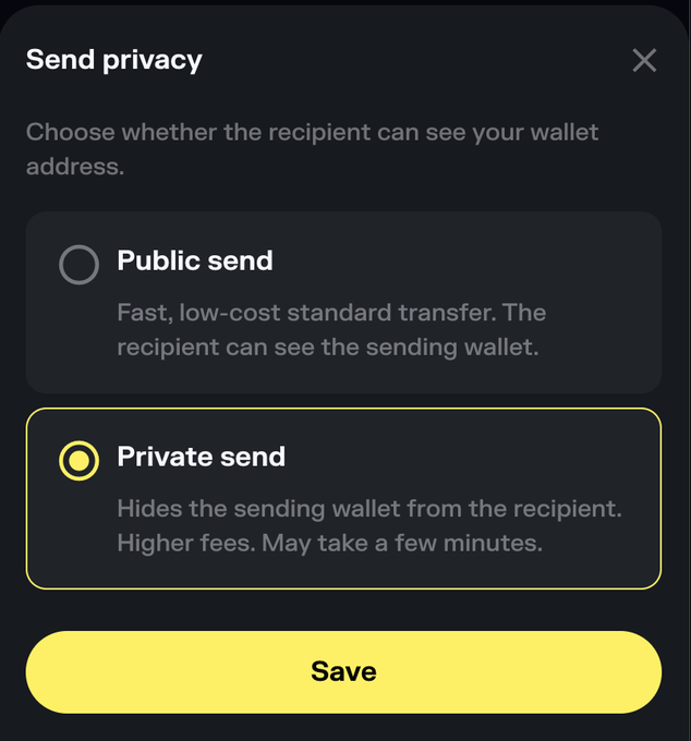 A 'Send privacy' settings screen offering a choice between 'Public send' and the selected 'Private send' option, with a yellow Save button.