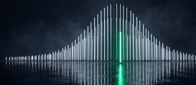 An abstract digital visualization showing vertical light bars arranged in a peak shape, with most bars in white and one prominent green bar in the center, reflected on a glossy dark surface.