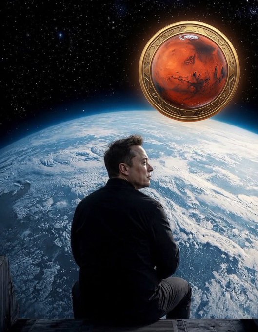 Elon Musk sits contemplatively overlooking Earth from space, gazing toward a large, ornate golden coin featuring Mars. The image visually reinforces the post's message about perseverance and the Mars Coin mission, symbolizing Musk's vision for humanity's future on the red planet.