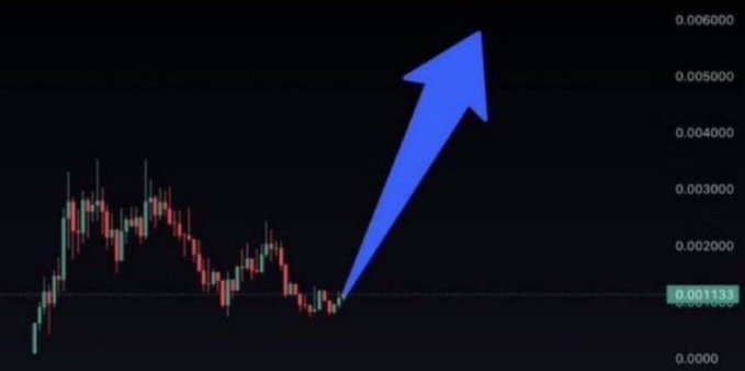 A financial candlestick chart shows a small-cap asset valued around 0.001133, with a large blue arrow indicating a dramatic projected upward surge toward 0.006000, symbolizing the massive potential returns of memecoin investments like the 6417x gain on $ANSEM referenced in the post.