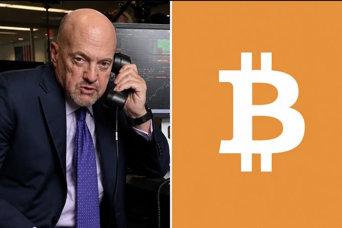 The image shows Jim Cramer on the left, holding a phone and looking concerned, juxtaposed with the Bitcoin logo on the right, implying his potential sale of Bitcoin due to quantum risks.