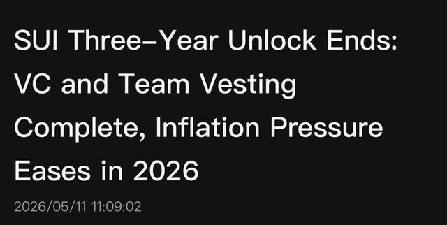 The image features a black background with white text that reads "SUI Three-year Unlock Ends: VC and Team Vesting Complete, Inflation Pressure Eases in 2026/05/11/11:09". The text is written in a block style font, which gives it a more formal appearance.