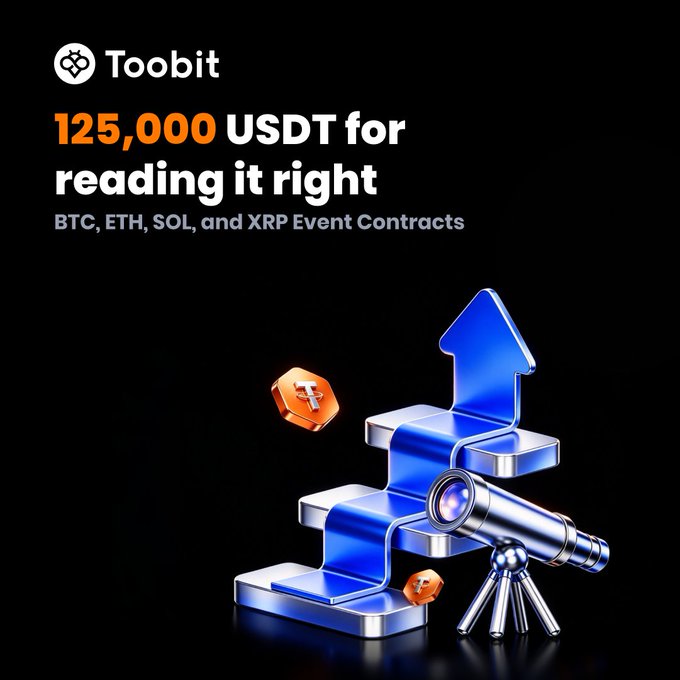 A promotional graphic for Toobit offering '125,000 USDT for reading it right' on BTC, ETH, SOL, and XRP Event Contracts.