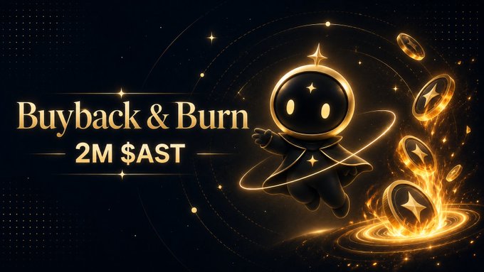 A promotional graphic with a black and gold color scheme features a cute space-themed character and the text "Buyback & Burn 2M $AST".
