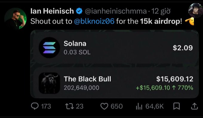 A screenshot of a tweet from Ian Heinisch (@ianheinisohmma) shouting out @blknoiz06 for a 15k airdrop, showing the recipient's wallet with 0.03 SOL ($2.09) and 202,649,000 "The Black Bull" tokens valued at $15,609.12 with a 770% gain, illustrating the context of the massive crypto airdrop highlighted in the accompanying post.
