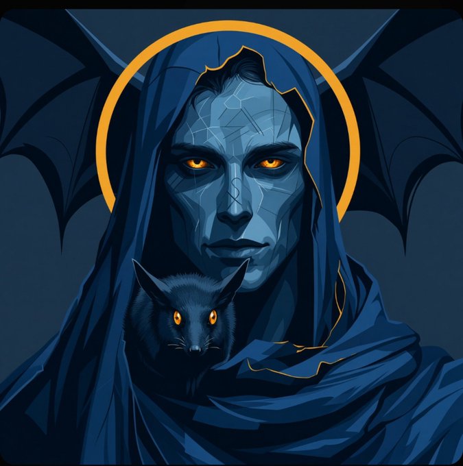 A digital illustration depicts a dark, hooded figure with glowing orange eyes and a cracked blue mask, accompanied by a black cat with matching eyes.