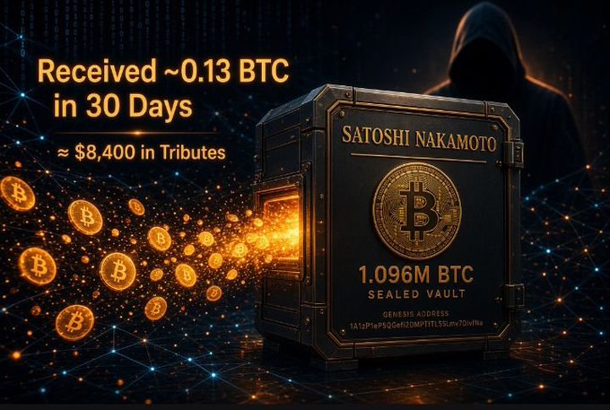 A digital graphic showing a vault labeled 'SATOSHI NAKAMOTO 1.096M BTC SEALED VAULT' with text reading 'Received ~0.13 BTC in 30 Days ≈ $8,400 in Tributes' against a network background.