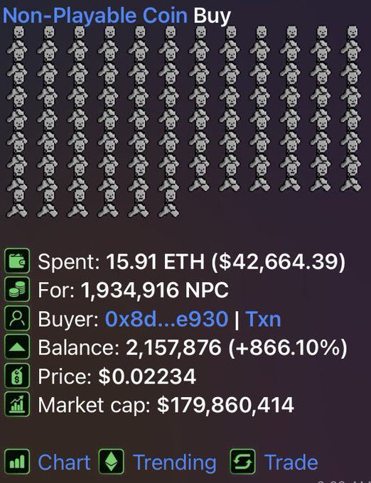 A crypto transaction tracker displays a massive Non-Playable Coin ($NPC) purchase of 1,934,916 tokens for 15.91 ETH ($42,664.39) by buyer 0x8d...e930, illustrating the whale accumulation event referenced in the post. The chart shows 100 NPC pixel-art figures alongside transaction details including a price of $0.02234 and market cap of $179,860,414.