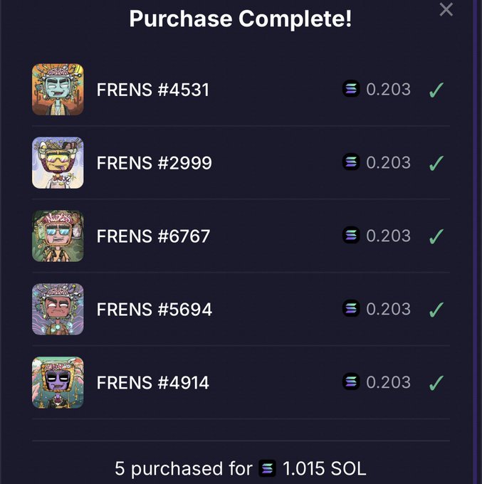 The image shows a list of five different characters from the game "Frens", each with their own unique design, displayed on a screen. The text above the image reads "Complete!", indicating that the user has successfully completed their purchase or registration for this game.