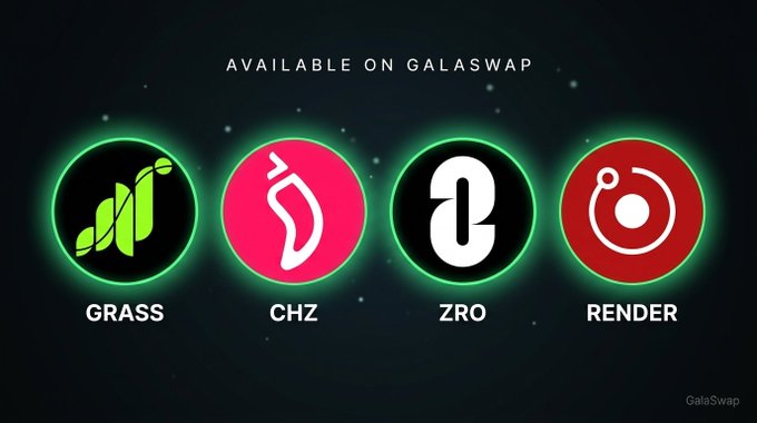 The image features a poster with four different logos, each representing a different cryptocurrency. The first logo is for "GRASS", followed by "CHZ", then "ZRO" and finally "RENDER". These logos are displayed against a dark blue background, making them stand out prominently. The text on the poster clearly states that these four logos are available on GalaSwap, indicating that users can easily access information about each cryptocurrency represented in the logo.