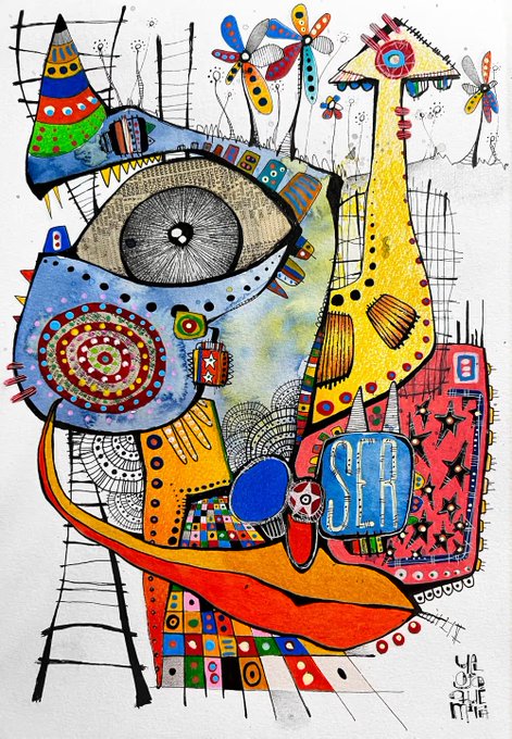A colorful, whimsical mixed-media illustration featuring abstract shapes, a large eye, birds, butterflies, a lighthouse, and the word 'SEA' in a bold pop-art style.