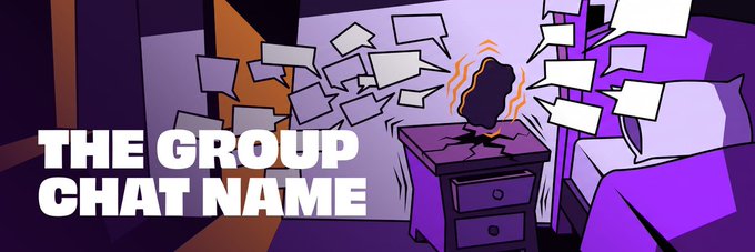 An animated graphic with the text 'THE GROUP CHAT NAME' showing a smartphone on a nightstand emitting a dark shadowy figure with motion lines, surrounded by flying message bubbles in a purple bedroom.
