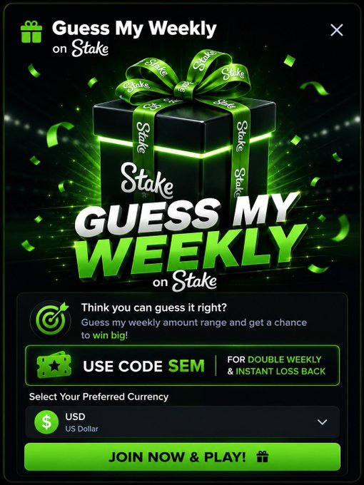 A promotional popup for Stake's "Guess My Weekly" giveaway, featuring a green gift box graphic and offering participants a chance to win by guessing the weekly wager range using promo code "SEM" for double weekly & instant loss back. The image aligns with the accompanying post announcing $50 prizes for the two closest guesses of a Stake weekly wager amount, with entries requiring followers to comment their guess and Stake username.