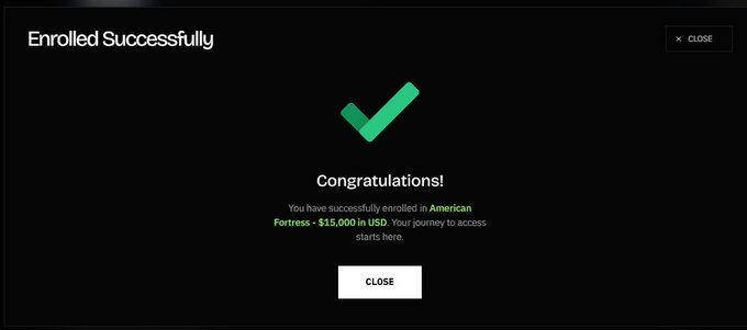 A dark success screen displays a green checkmark with text reading 'Enrolled Successfully', 'Congratulations! You have successfully enrolled in American Fortress - $15,000 in USD'.