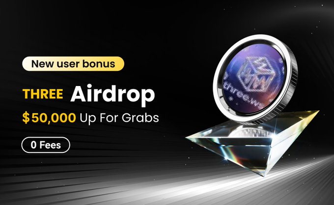 The image features a coin that has the words "Three Airdrop" written on it, along with an advertisement for a cryptocurrency called "Three Airdrop". The coin is placed on top of a glass pyramid or crystal, which adds a sense of luxury and prestige to the product. Below the coin, there's text promoting the Three Airdrop coin as a new user bonus that can be used for trading. The post also mentions that users can enjoy 0-fee trading and potentially earn rewards such as airdrops, which are digital tokens or coins that can be redeemed for various items or services.