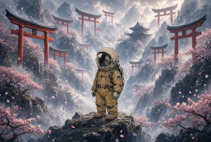 A fantasy artwork showing an astronaut standing on a rocky peak, surrounded by cherry blossoms, mist, multiple red torii gates, and a traditional pagoda in the mountains.