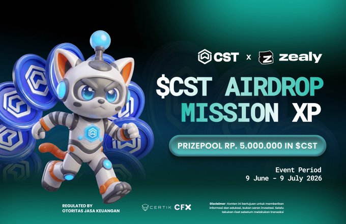 The image features a cartoon cat with an Earth-like appearance, wearing a spacesuit or robot suit (possibly a combination of both). The text overlay explains that the campaign is now live and encourages people to participate by completing missions related to airdrop. The goal is to win prizepool prizes of 5,000,000 units, SCST token.