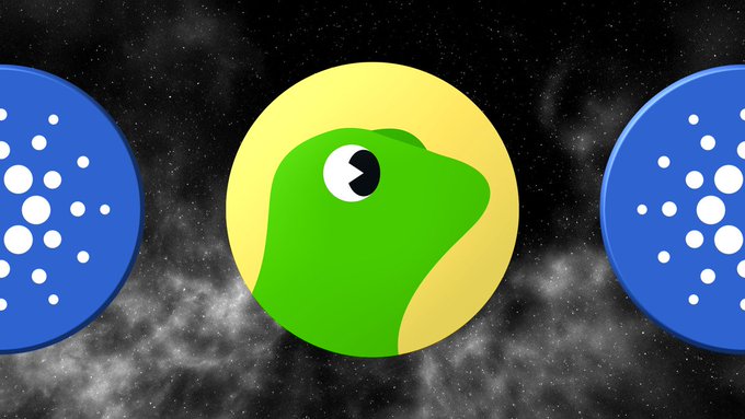 A green frog-like character with pixelated sunglasses on a yellow circle, flanked by two blue Cardano (ADA) logo coins against a starry space background.