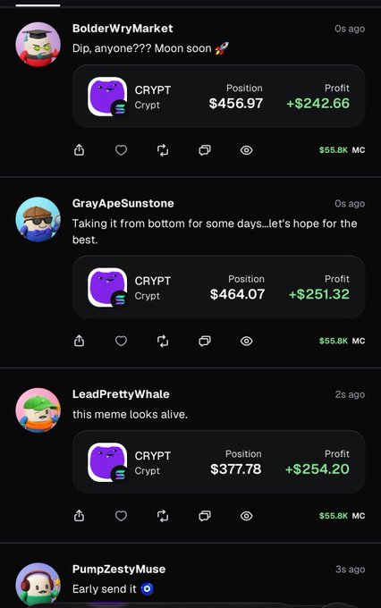 A social feed displays automated bot-like comments from users such as BolderWryMarket, GrayApeSunstone, LeadPrettyWhale, and PumpZestyMuse, each posting generic hype messages ("Dip, anyone??? Moon soon 🚀," "Taking it from bottom," "this meme looks alive") alongside identical $55.8K MC position cards showing profits ranging from +$242.66 to +$254.20. The repetitive, low-effort comments and uniform market cap data visually demonstrate the post's claim that the platform is flooded with bots and lacks real filtering.