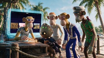 A whimsical 3D animation scene showing stylized cartoon characters, including one with a paper bag head, gathered around a glowing blue screen on a sandy beach with palm trees.