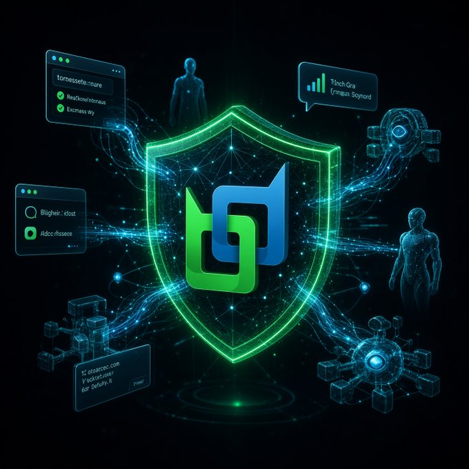 A digital illustration features a glowing green shield in the center with a blue 3D logo, surrounded by holographic human figures, data panels with partially legible text, and networked nodes on a dark background.