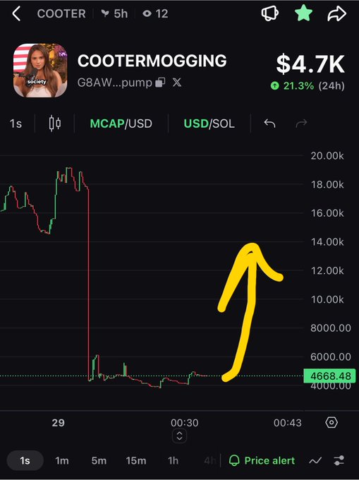 A cryptocurrency chart for "COOTER" (COOTERMOGGING/G8AW...pump) showing a market cap of $4.7K with a 21.3% 24-hour change, featuring a hand-drawn yellow arrow pointing upward from the price level.