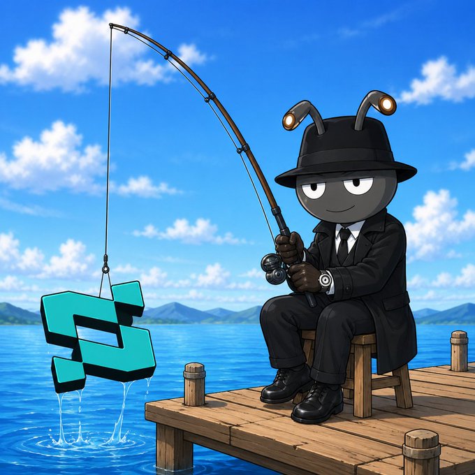A cartoon illustration of an ant dressed in a black trench coat and fedora, fishing for a teal 'S' logo (Solana) from a wooden pier on a lake.