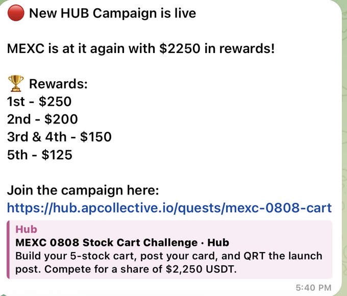 A Telegram message announcing a MEXC HUB Campaign with $2250 in rewards, listing prize tiers from 1st ($250) to 5th ($125).