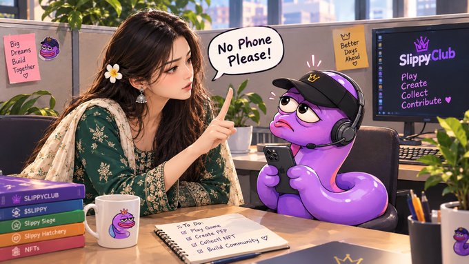 An illustrated scene of a woman in a green sari telling a purple "Slippy" worm character "No Phone Please!" in an office setting branded "SliPPY CLUB."