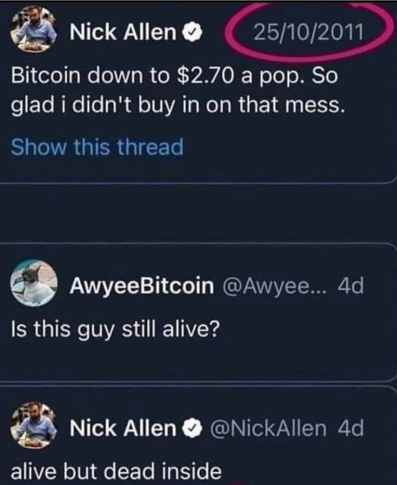 The image shows a Twitter exchange where Nick Allen posted on 25/10/2011 mocking Bitcoin at $2.70, saying he was glad he didn't buy in, and later responded to a user asking if he was still alive with "alive but dead inside." This illustrates the cautionary message about Bitcoin's dramatic price appreciation since 2011, when early skeptics who avoided buying likely watched it grow into a multi-trillion dollar asset.