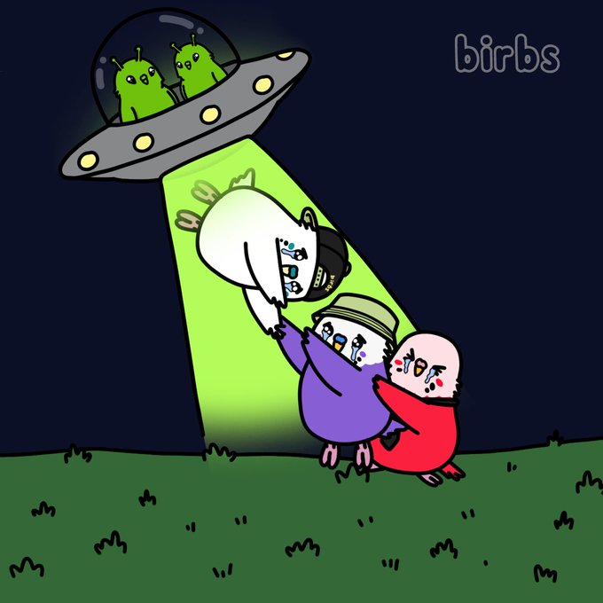Cartoon illustration signed 'birbs' depicting aliens in a UFO beaming up three crying sheep-like characters from a grassy field.