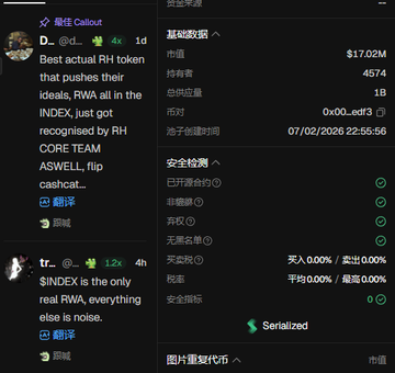 A Twitter sidebar shows "$17.02M" market cap, "4574" holders, and "1B" total supply for the token, alongside posts discussing "$RWA" and noting that Robinhood's DeFi product lead has acknowledged the project.