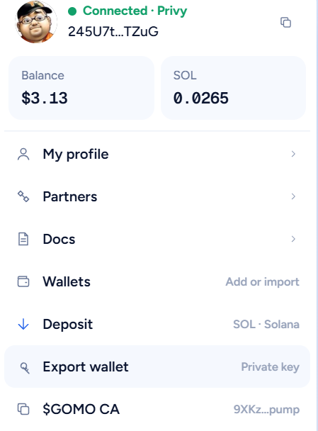 A mobile wallet interface showing a 'Connected · Privy' account with a $3.13 balance and 0.0265 SOL, displaying menu options for Profile, Partners, Docs, Wallets, Deposit, and Export wallet for address 245U7t...TZuG.