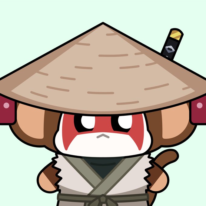 A cartoon monkey wearing a traditional straw hat and a katana on its back, with red war paint across its eyes, giving it a samurai-like appearance. The chibi-style illustration showcases the clean, original art style of the Chimpers NFT collection, highlighting the IP's versatile design that allows for creative reinterpretations like this warrior-themed rendition.