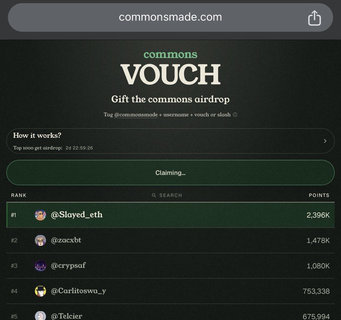 The commons VOUCH airdrop leaderboard at commonsmade.com is shown loading with a "Claiming..." status and ranking users by points, led by @Slayed_eth with 2,396K points. This supports the post's troubleshooting tip to use Rabby wallet when experiencing connection issues on the Vouch platform.